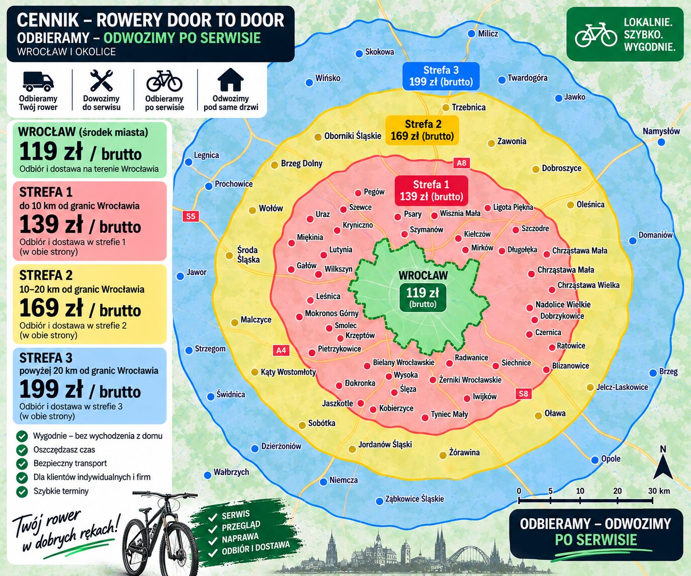 Mapa stref transportu rowerów we Wrocławiu i okolicach